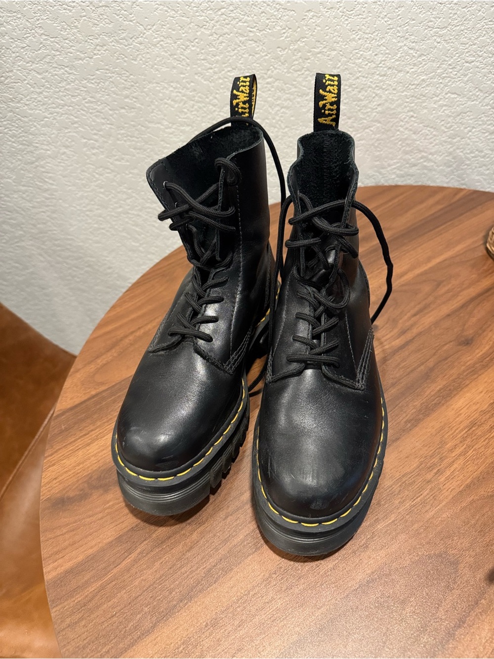 Dr. Martens Black Leather Platform Lace-Up Boots with Yellow Stitching